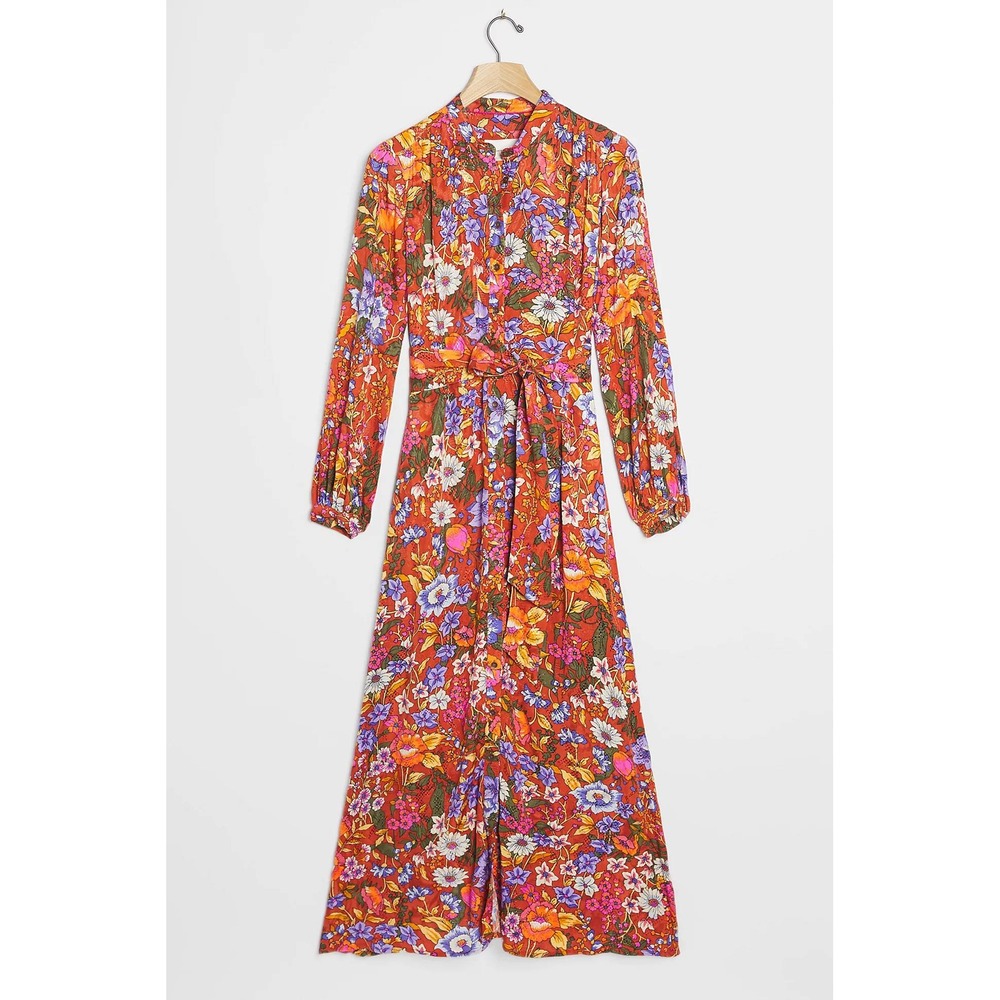 By Anthropologie Vale Maxi Shirtdress Belt Floral Rust Brown Orange Boho Kimonoβ